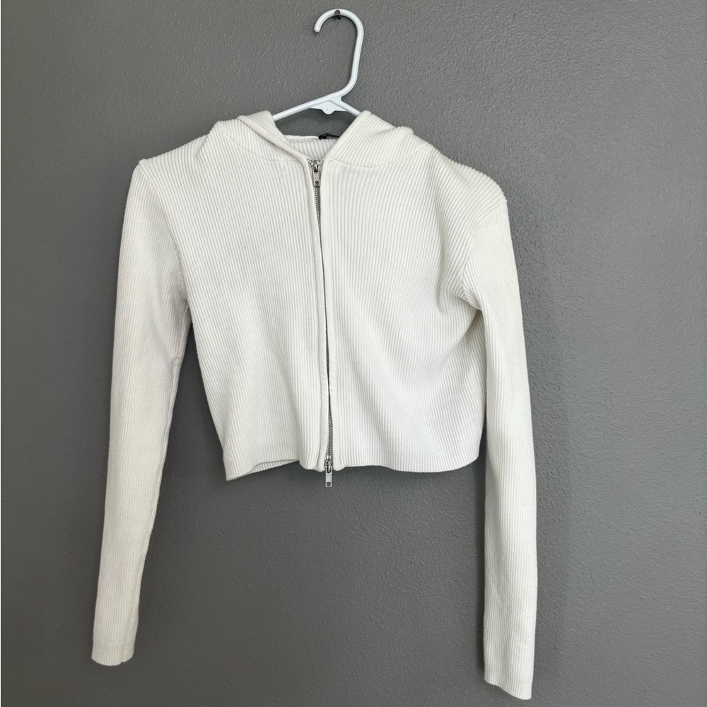 Brandy White Ribbed Zip-Up Hoodie